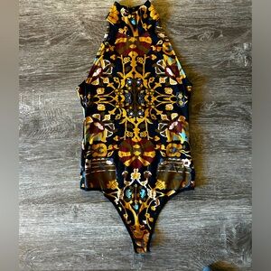 Free People patterned high neck sleeveless Bodysuit - XS  green yellow red black